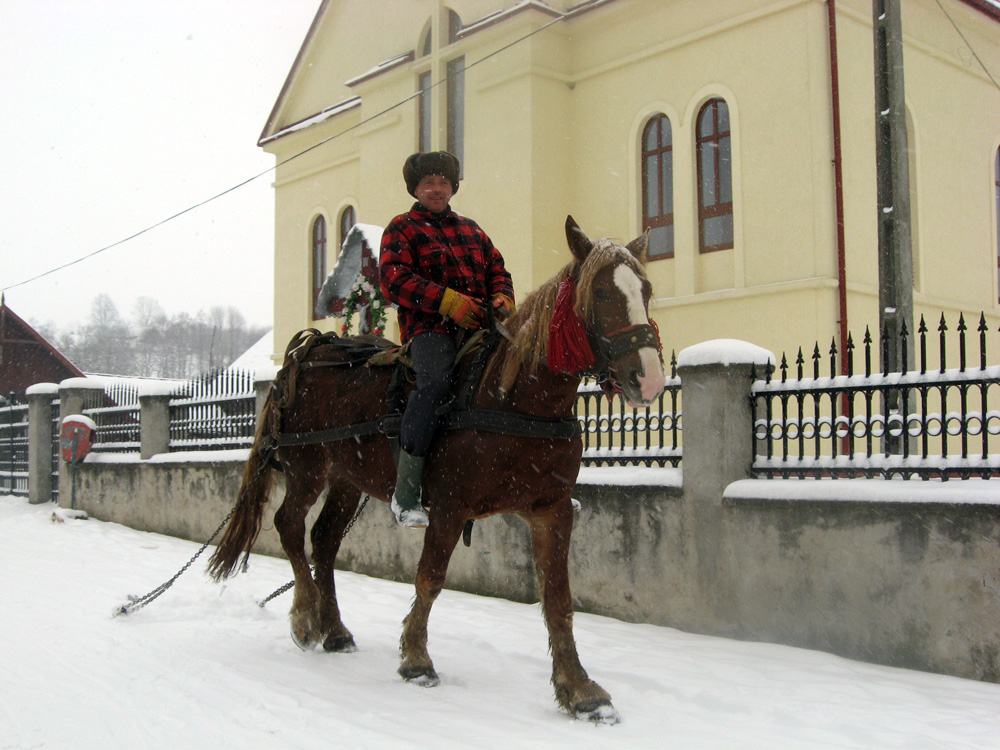La pas... cu calul... prin centrul satului Solunutu Nou. Foto: Florin PAIU