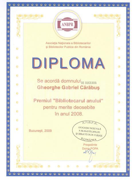 Diploma Bibliotecarul anului 2008