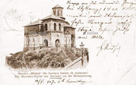 Lampă cu fotogen în apropierea Bisericii Sf. Gheorghe - Mirăuţi în 1907