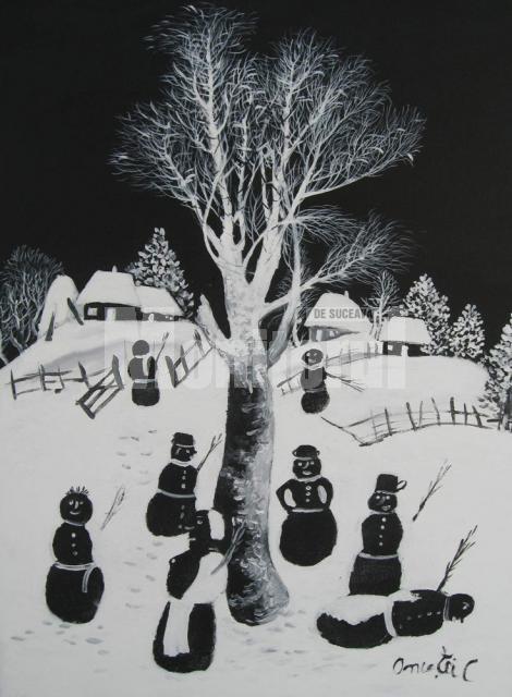Peisaj de iarnă cu oameni de zăpadă negri realizat de pictorul Costică Onuţă