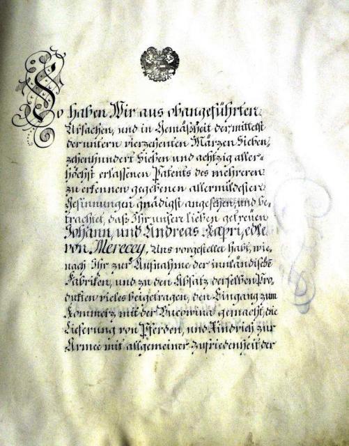 Diplomă nobiliară a baronilor Kapri din anul 1794