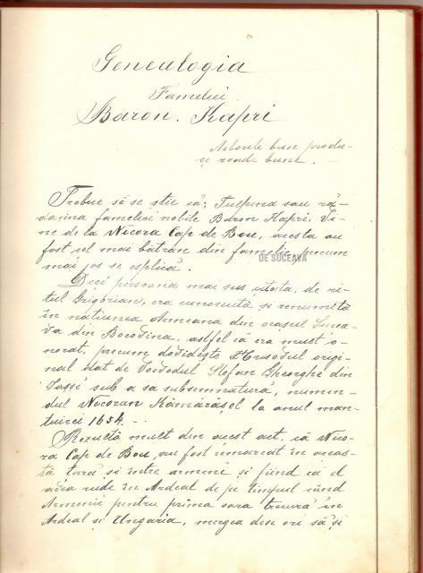 Filă din “Genealogia Familiei Baron Kapri”, în transcriere românească după manuscrisul în limba germană întocmit în 1834 de Asfadur Romaşcan