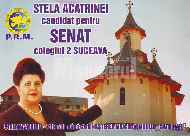 Ilustrată cu Complexul monahal Catrinari şi Stela Acatrinei, material promoţional în campanie electorală