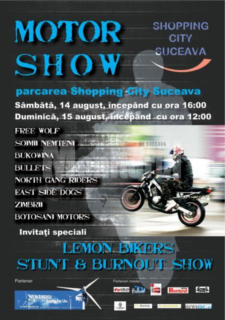 Spectacol: Cascadorii şi demonstraţii pe motociclete, la Shopping City Suceava
