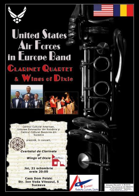 Concert extraordinar: Cvartetul de clarinete şi Ansamblul The Wings of Dixie, din cadrul Orchestrei Forţelor Aeriene Americane staţionate în Europa