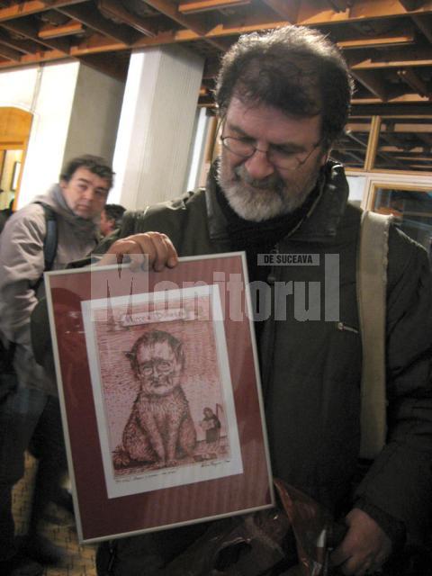 Mihai Pânzaru PIM cu portretul caricaturizat al lui Dinescu