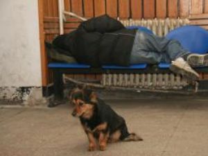 Un câine şi un om al străzii, în Gara Iţcani