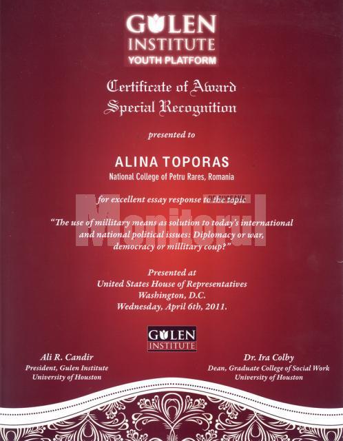 Diploma obţinută de Alina Toporaş