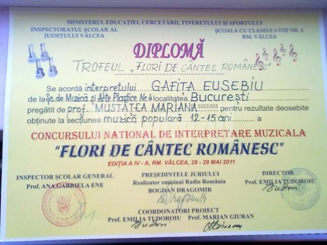 Diploma obţinută de Eusebiu Gafiţa  la Vâlcea