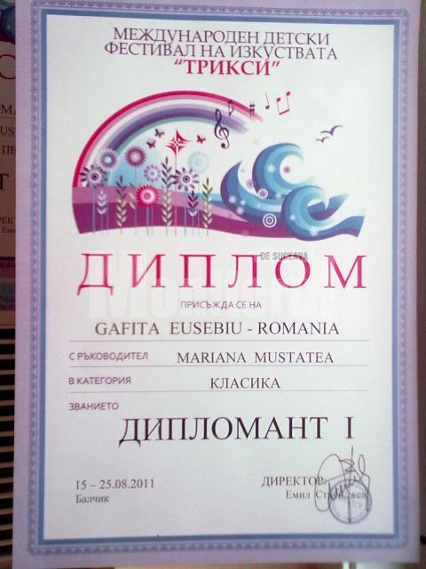 Diploma la secţiunea solişti instrumentişti –vioară, câştigată de Eusebiu Gafiţa în Bulgaria