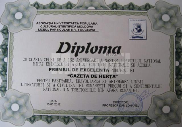 Diploma de excelenţă conferită „Gazetei de Herţa”
