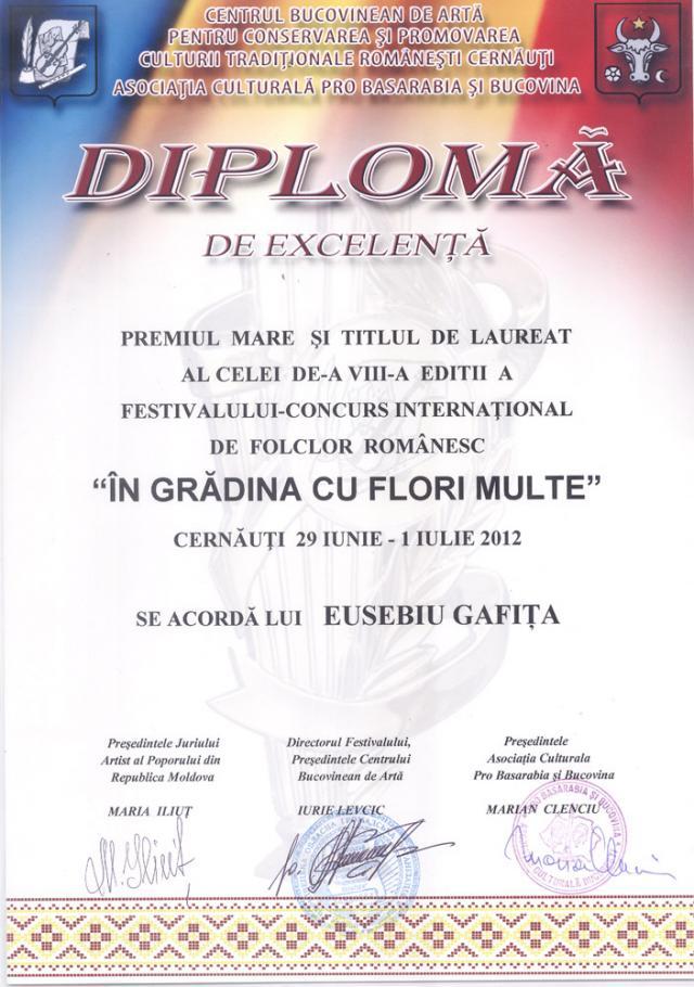 Diploma câştigată de Eusebiu Gafiţa