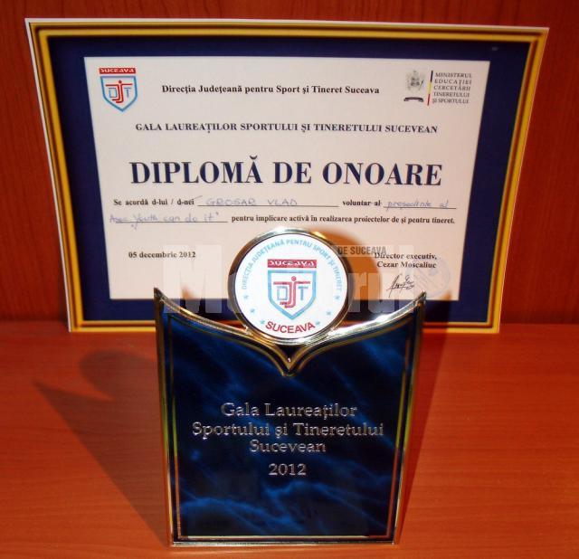 Diploma de onoare primită de Grosar Vlad-Alexandru la Gala Laureaţilor Sportului şi Tineretului Sucevean 2012