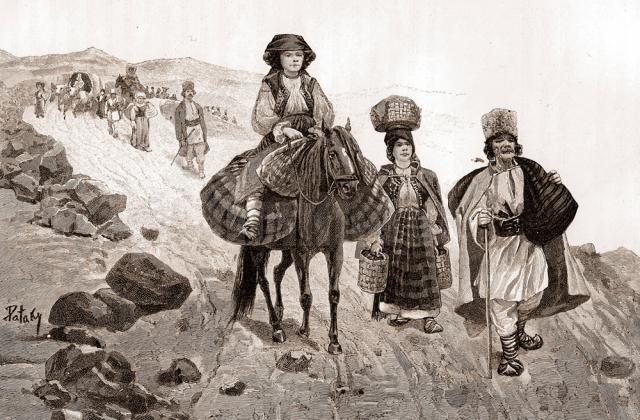 Emigranţi transilvani, trecând munţii, înspre Bucovina (1742-1777) – desen de Pataky