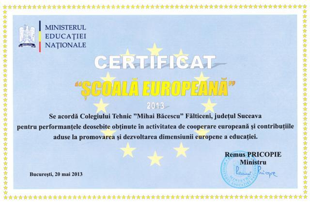 Certificatul de Şcoală Europeană primit de colegiul fălticenean