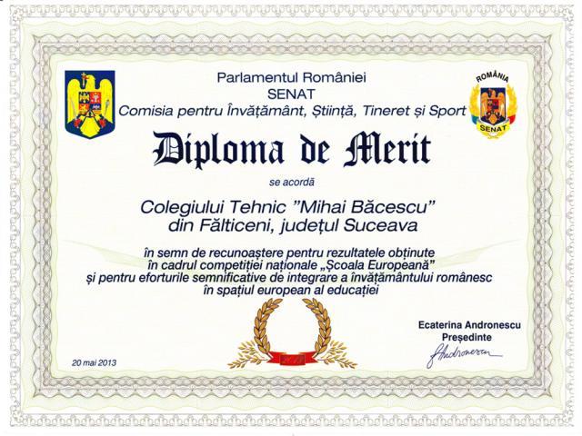 Diploma de Merit acordată Colegiului Tehnic “Mihai Băcescu”