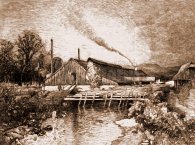 Câmpulung, fabrică de cherestea – desen de Mattias Adolf Charlemont (1820-1871)