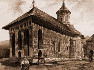 Moldoviţa, biserica mănăstirii – desen de Rudolf Bernt (1844-1914)