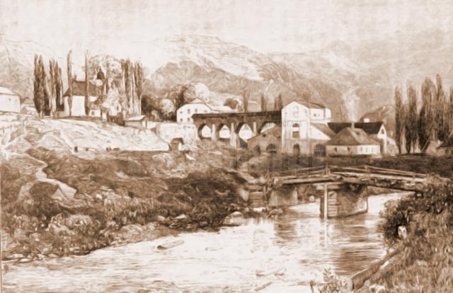 Iacobeni, pod peste Bistriţa Aurie – desen de Mattias Adolf Charlemont (1820-1871)