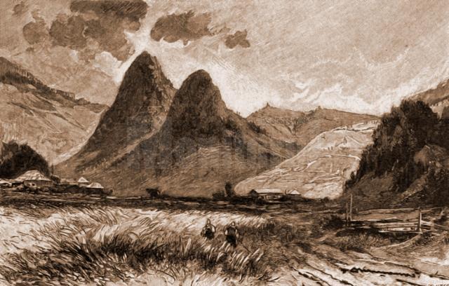 Pojorâta, munţii Adam şi Eva – desen de Mattias Adolf Charlemont (1820-1871)