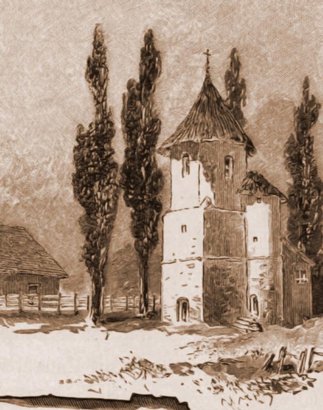 Rădăuţi, clopotniţa Bogdaniei – desen de Rudolf Bernt (1844-1914)