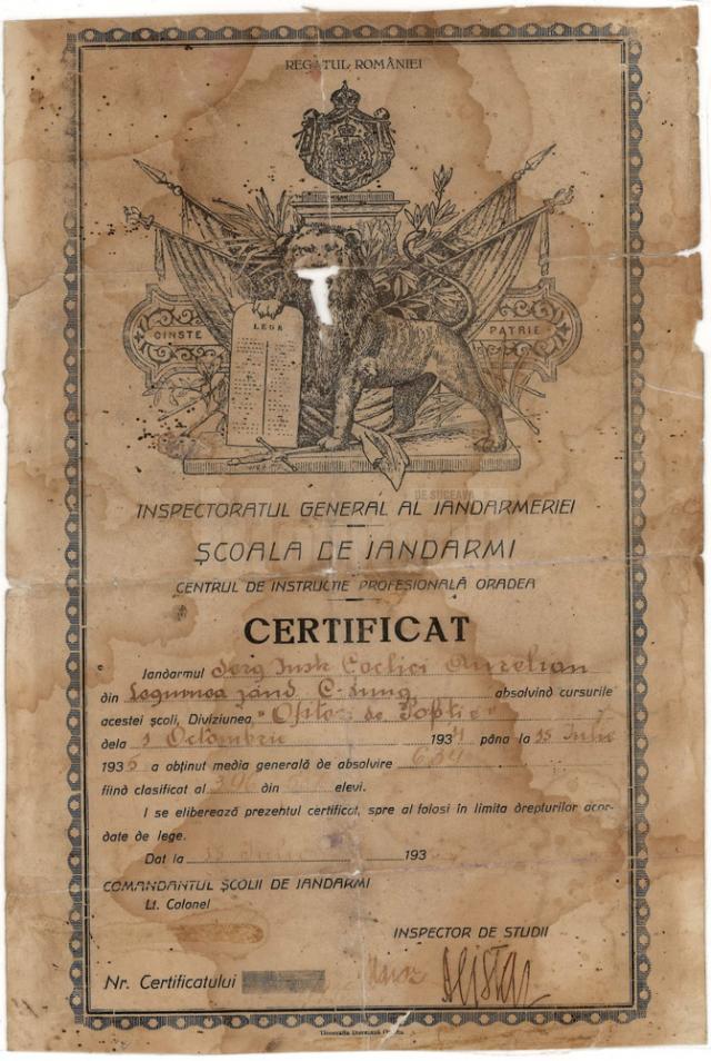 Certificatul de absolvire a Şcolii de Jandarmi - Diviziunea Ofiţeri de poliţie