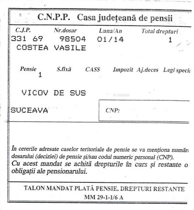 Vasile Costea a încasat ultima pensie de 1 leu în ianuarie 2014