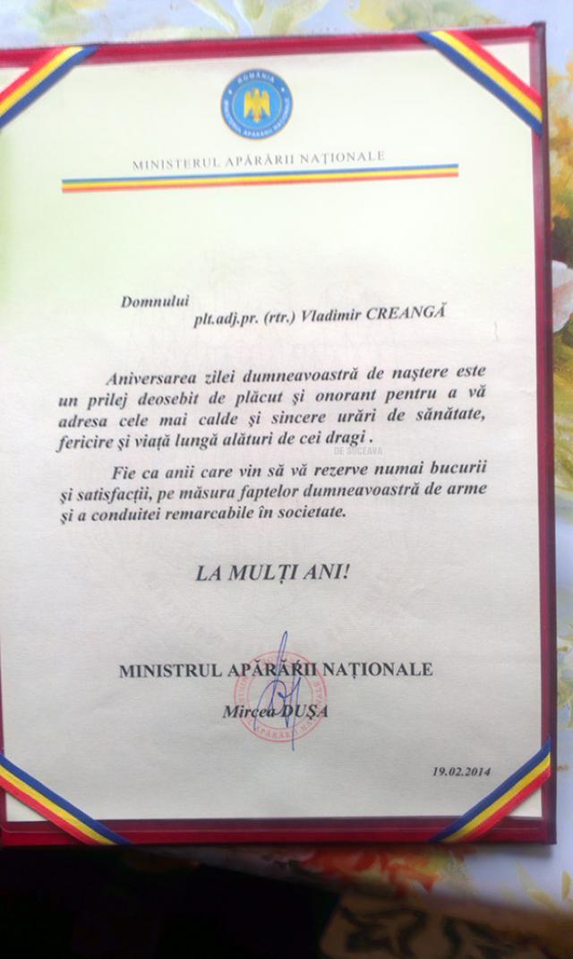 Diplomă aniversară din partea ministrului Apărării, Mircea Duşa