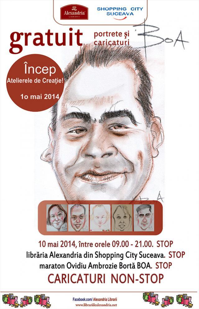 Maraton de caricaturi și portrete gratuite, sâmbătă, la Alexandria Librării, din Shopping City Suceava