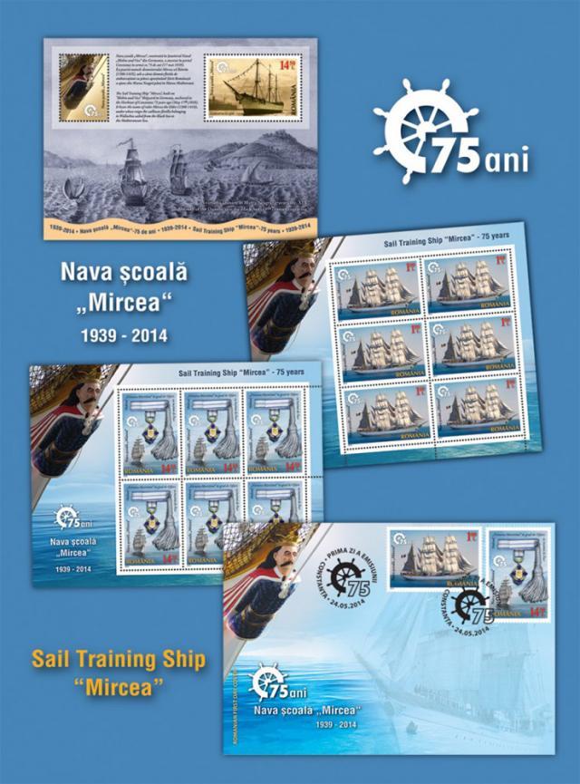 Emisiune de mărci poştale care celebrează împlinirea a 75 de ani de la intrarea navei-şcoală „Mircea” în serviciul Marinei Militare Române