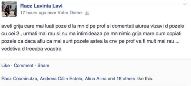 Mesajul de ameninţare transmis pe Facebook de Lavinia Racz