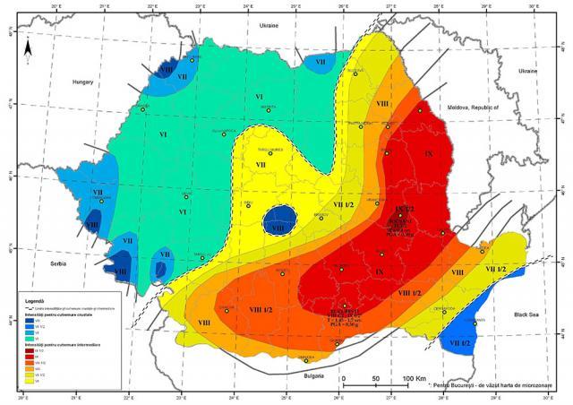 Harta de risc seismic, Sursa: Institutul National de Fizica Pamantului
