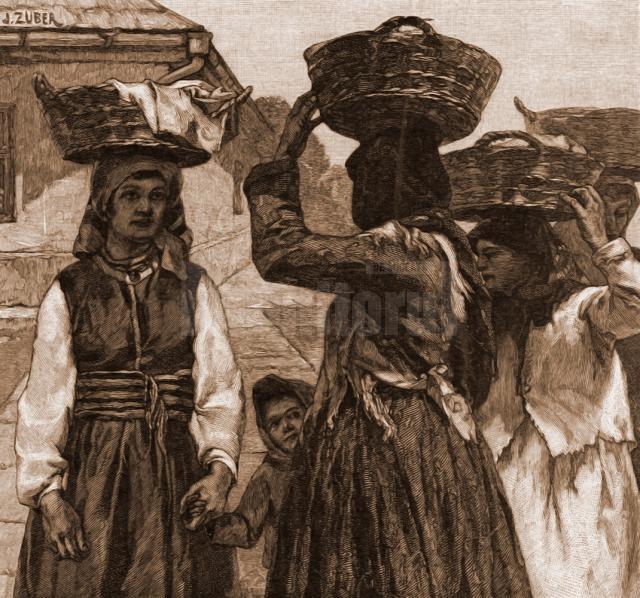 Nemţoaice din Roşia, la piaţa din Cernăuţi – desen de Julius Zalaty Zuber (1867-1918)