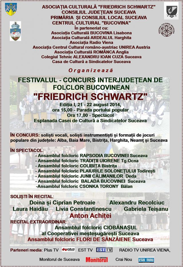 Mâine începe Festivalul - Concurs Interjudeţean de Folclor Bucovinean „Friedrich Schwartz”