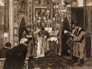 Slujbă, la biserica armenească din Suceava – desen de Julius Zalaty Zuber (1867-1918)