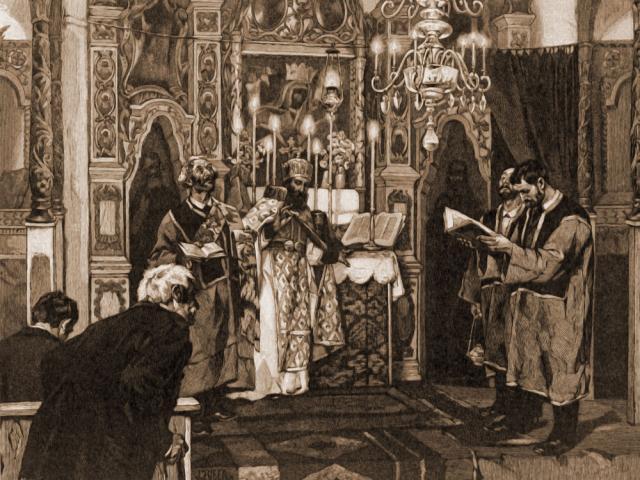 Slujbă, la biserica armenească din Suceava – desen de Julius Zalaty Zuber (1867-1918)