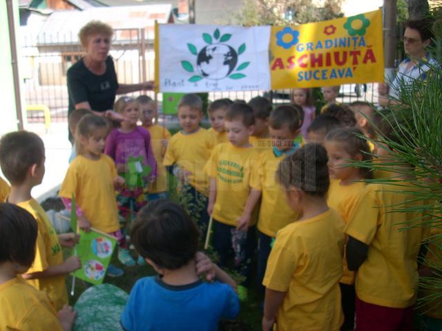 Peste 50 de preşcolari au plantat copaci în curtea grădiniţei ,,Aşchiuţă”