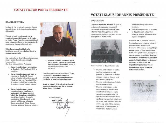 O scrisoare deschisă a primarului comunei Preuteşti, Ion Vasiliu, de susţinere a candidatului Victor Ponta, a fost falsificată rudimentar, în format aproape identic, fiind transformată în una în favoarea candidatului Klaus Iohannis