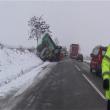 Un tir încărcat cu cereale, care se deplasa spre Ucraina, s-a răsturnat ieri după-amiază pe E 85, între Dărmăneşti şi Dănila