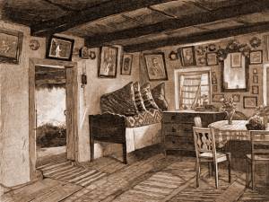 Interior de casă ungurească din Dorneşti – desen de Mattias Adolf Charlemont (1820-1871)
