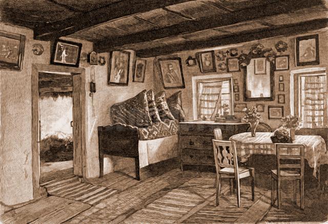 Interior de casă ungurească din Dorneşti – desen de Mattias Adolf Charlemont (1820-1871)