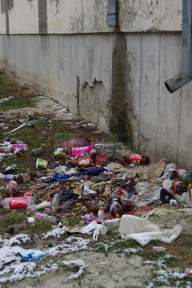 Mormane de gunoi aruncat de la geamurile unui cămin de locuinţe sociale, în incinta unui liceu sucevean