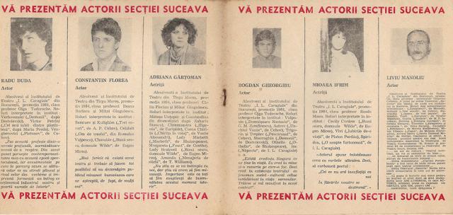 Aşa arăta primul program făcut la debutul actorilor secţiei nou înfiinţate la Suceava, în decembrie 1984