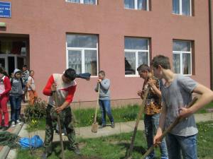 Peste 60 de elevi şi adulţi au participat la amenajare spaţiului verde din faţa unei şcoli din Vicovu de Sus
