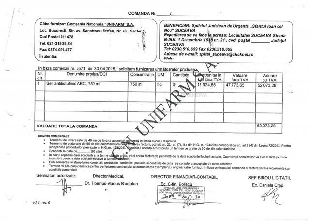 Scandalul plăţii serului antibotulinic la Spitalul de Urgenţă Suceava, elucidat cu documente
