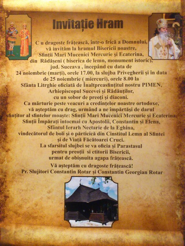 Hramul celei mai bine restaurate biserici de lemn din România, Biserica Sfinţilor Mari Mucenici Mercurie şi Ecaterina