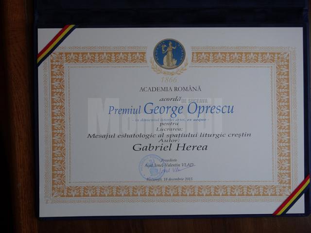Unul dintre cele mai prestigioase premii din România, al Academiei Române, i-a fost decernat, ieri, preotului sucevean Gabriel Herea