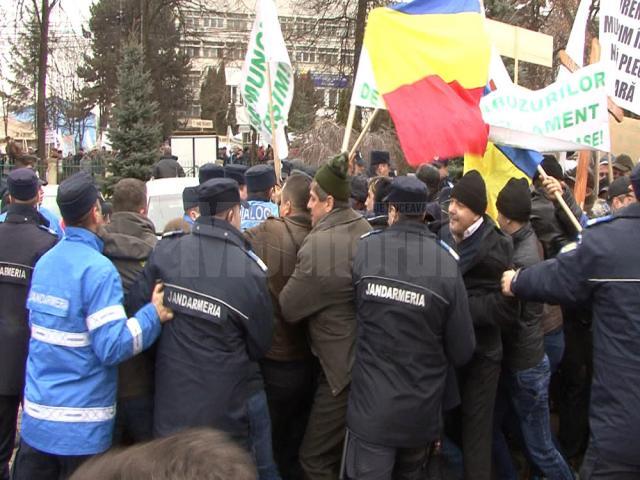 Contre între protestatari şi forţele de ordine care au încercat să îi împiedice să intre în curtea Direcţiei Silvice Suceava