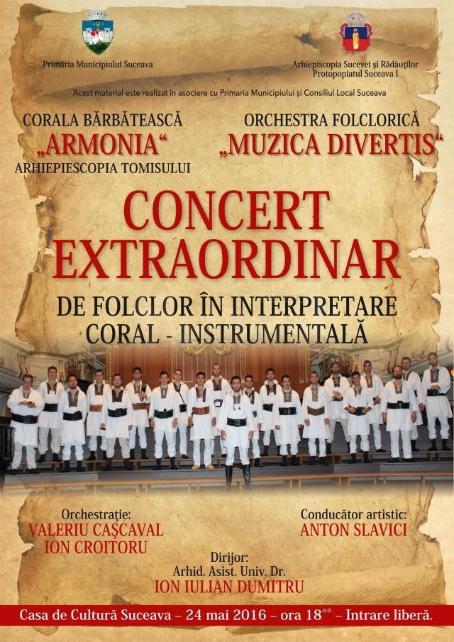 Concert extraordinar de folclor în interpretare coral-instrumentală, la Casa de Cultură Suceava