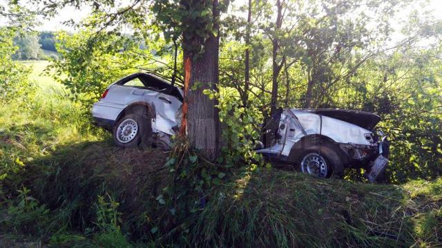 Maşina a lovit copacul şi a rămas într-un echilibru instabil, pe marginea unui canal plin cu apă